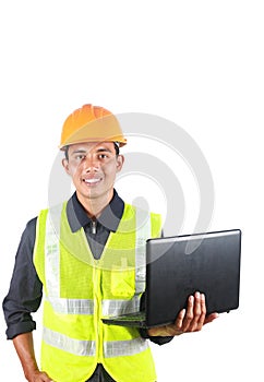 Vertical image of man asian engineer with laptop