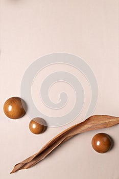 Vertical image of natural objects,wooden round pedestals and dried palm leaf on the brown surface.Empty space