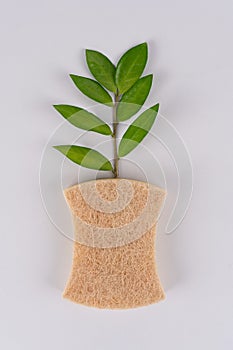 Vertical image with natural organic dishcloth and green leaf on gray background