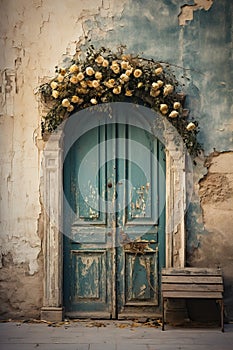 vertical image of old shabby blue wooden door with flowers on a cracked wall