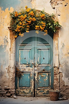 vertical image of old shabby wooden door with flowers on a cracked wall