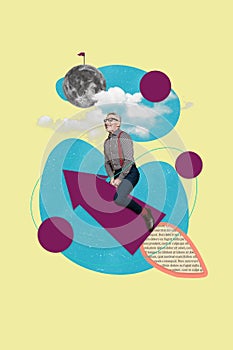 Vertical image poster artwork collage of successful middle aged man flying arrow reach dream lucky career isolated on