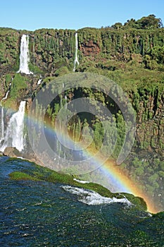 Vertical Image of Powerful Iguazu Falls at Brazilian Side with a Huge Rainbow, Foz do Iguacu, Brazil