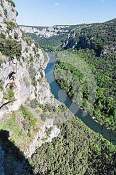 Vertical image of the river ArdÃ¨che winding through the ArdÃ¨che Gorges