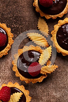 Vertical image of Salted Chocolate Mini Tarts with chocolate ganache cream photo