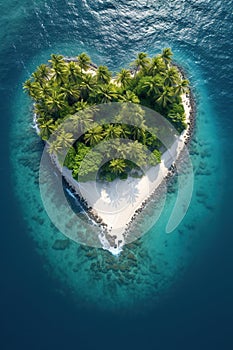 vertical image of secluded tropical paradise island in heart shape, aerial view