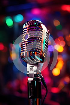 vertical image stylish old retro microphone on multicolored bright bokeh background