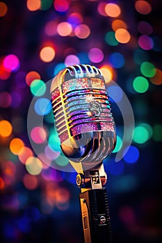 vertical image of stylish old retro microphone on multicolored lighting bokeh background