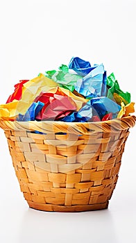 A vertical image of a wicker trash bin with crumpled colorful paper on a white background. Garbage recycling