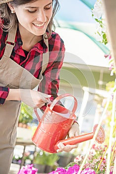 Vertical image of woman watering plants in garden center. taking care of flowers in greenhouse