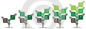 Vertical infographic or timelines with 2, 3, 4, 5 and 6 parts. Tree with leaves. Development and growth of the farming and green