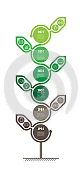 Vertical infographics. Growth of the eco business. Timeline of scientific research with 6 options and 12 icons. Development of