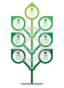 Vertical infographics or timeline with 7 options. Abstract tree with leafs. Sustainable development and growth of the eco business