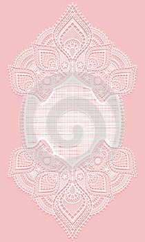 Vertical lace doily. White lacy napkin on a pink background. Openwork oval frame