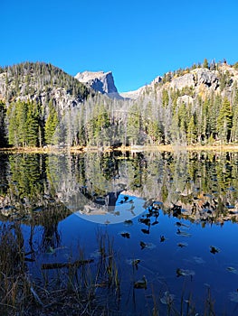 Vertical of Lake Haiyaha surrounded by rocks in the Rocky Mountain National Park.
