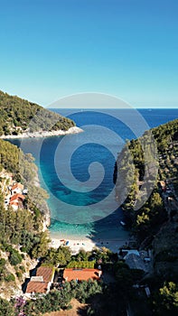 Vertical landscape of the Bratinja Luka Beach, Island Korcula in Croatia