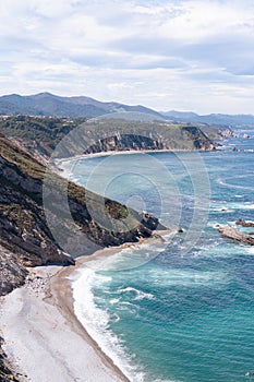 Vertical landscape. Cape Vidio, view of La Cueva beach. Asturias, Cudillero, Ovinana