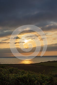 Vertical landscape of meadows and coast with sunset on the sea