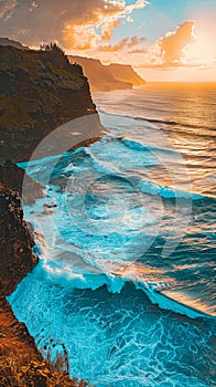 Vertical landscape of ocean beach at sunrise with big waves crashing into rocks