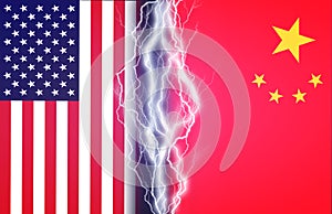 Vertical lightnings between flags of USA and China. Concept of crisis between Washington and Beijing