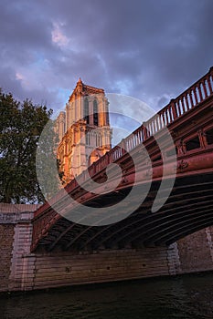 Vertical low angle of a the Pont au Double bridge with a view of the Notre-Dame cathedral in Paris
