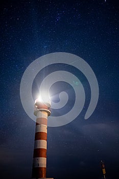 Vertical low angle shot of bright light on the top of lighthouse against blue starry night sky