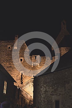 Vertical low angle shot of the famous castle Aggstein in Austria at night