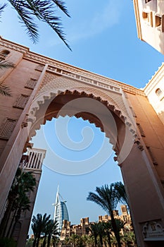 Vertical low angle shot of the gates of the Hotel Burj Al Arab in Dubai Marina