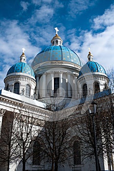 Vertical low angle shot of the historic Troitsky Cathedral in Saint Petersburg