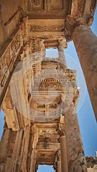 Vertical low angle shot of Library of Celsus in city Efeso, region Anatolia, Turkey