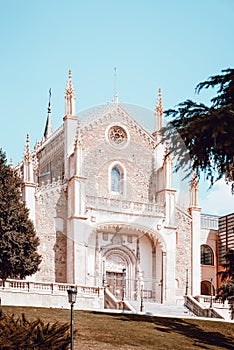 Vertical low angle shot of the Prado museum in Madrid, Spain