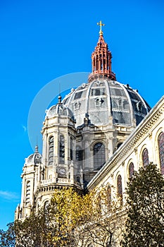 Vertical low angle shot of the Saint-Augustin Church on clear blue sky background Paris, France