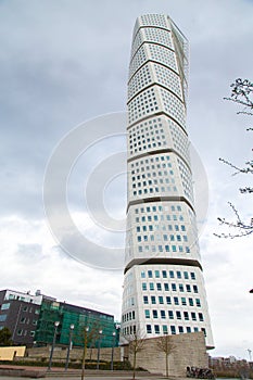 Vertical low angle shot of the Turning Torso skyscraper in Malmo, Sweden