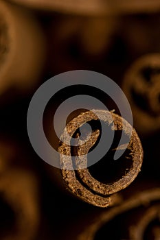 Vertical macro shot of the cinnamon sticks on a dark background