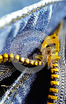 Vertical macro shot of denim jeans zipper. Stock images.