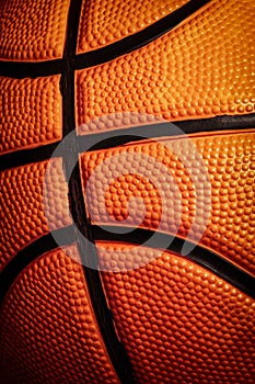 Vertical macro view of leather orange basketball with highlights and shadows