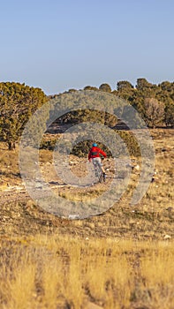 Vertical Man riding a bicycle on an unpaved trail on a sunny day