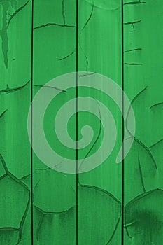 Vertical metal siding painted in bright green with cracks and erosion, old wall sheathing surface. Background wallpaper backdrop