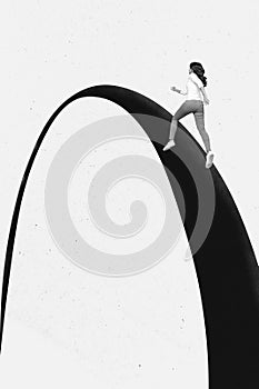 Vertical minimal photo collage black white gamma young woman running on semicircle arch self development goal isolated