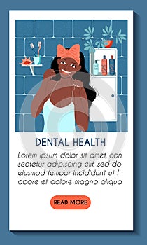 Vertical mobile application template. Dental health daily care concept. Young african dark skinned woman flossing her