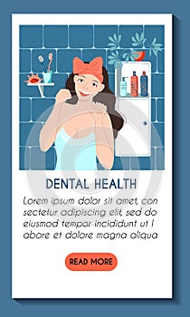 Vertical mobile application template. Dental health daily care concept. Young smiling caucasian woman flossing her teeth in the ba