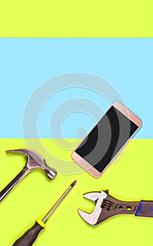 Vertical mobile phone repair background or template for smartphone fixing company`s advertisement in print.