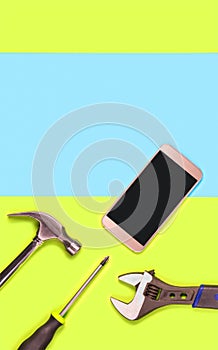 Vertical mobile phone repair background or template for smartphone fixing company`s advertisement in print. photo