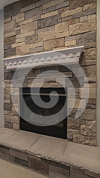 Vertical Modern fireplace and decorative shelf against stone brick accent wall of home