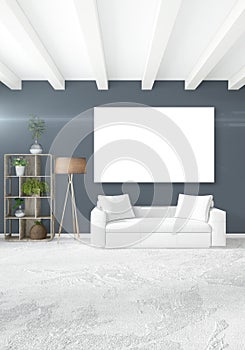 Vertical modern interior bedroom or living room with eclectic wall and empty frame for copyspace drawing. 3D rendering