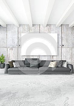 Vertical modern interior bedroom or living room with eclectic wall and empty frame for copyspace drawing. 3D rendering