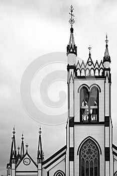 Vertical monochrome shot of the St. John's Anglican Church in Lunenburg Nova Scotia Canada