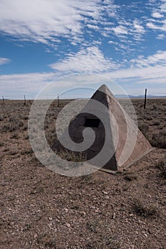 A vertical of a Mormon Battalion historic marker in the desert of New Mexico