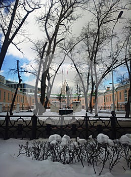 Vertical Moscow downtown city park background