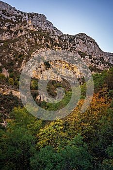 Vertical of mountains by the Blanc-Martel hiking trail in La Palud-sur-Verdon, France in autumn